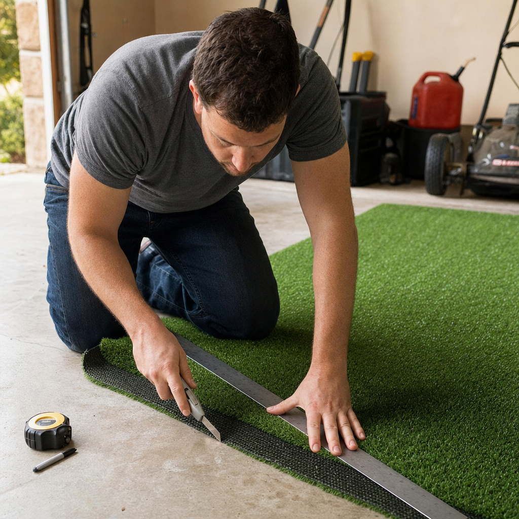 Person measuring and cutting gym turf with utility knife on a garage floor