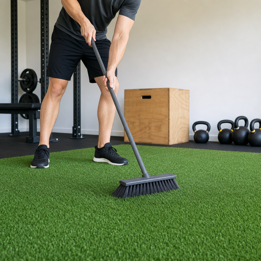 Person brushing garage gym turf with a stiff-bristle broom to maintain pile height