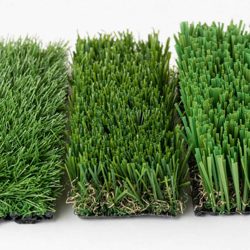 Close-up comparison of three synthetic turf fibers: polypropylene, polyethylene, and nylon for garage gym flooring